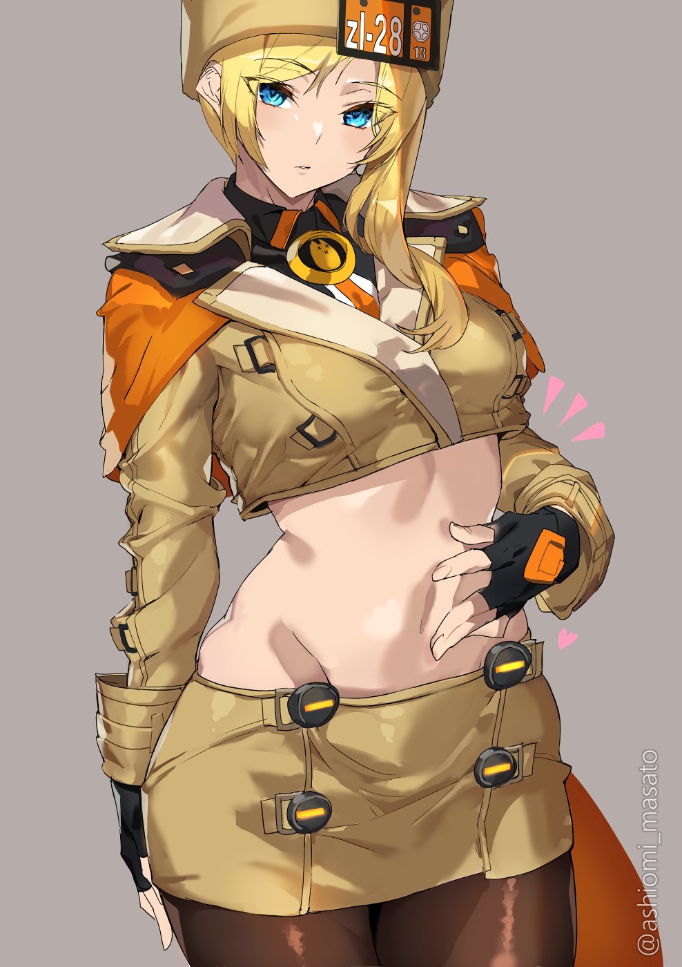 1girl arm_scarf ashiomi_masato black_gloves blonde_hair blue_eyes blush breasts brown_coat buttons coat crop_top eyebrows_visible_through_hair fingerless_gloves fur_hat gloves grey_background guilty_gear guilty_gear_strive hand_on_own_stomach hat heart highres medium_breasts midriff millia_rage navel open_mouth pantyhose short_hair simple_background solo stomach twitter_username ushanka