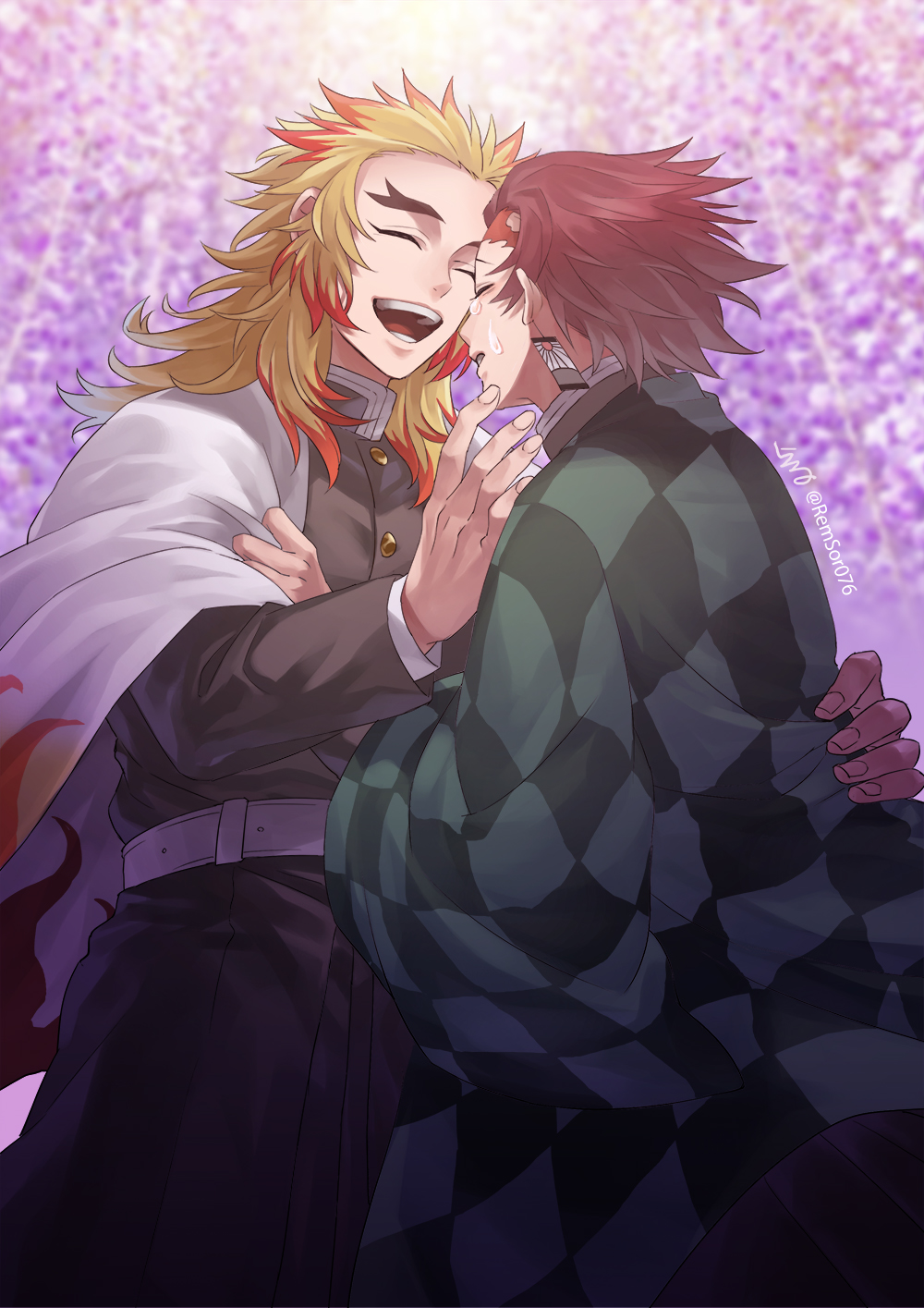 2boys bangs belt belt_buckle buckle buttons checkered_clothes clinging commentary_request crying earrings fingernails flower hand_on_another's_back hand_on_another's_face haori hatching_(texture) highres japanese_clothes jewelry kamado_tanjirou katana kimetsu_no_yaiba long_hair long_sleeves male_focus mismatched_eyebrows multicolored_hair multiple_boys open_mouth orange_hair parted_lips patterned patterned_clothing petals ponytail redhead remsor076 rengoku_kyoujurou scabbard scar scar_on_face scar_on_forehead sheath sword tears thick_eyebrows tree turtleneck uniform weapon white_belt wide_sleeves wisteria