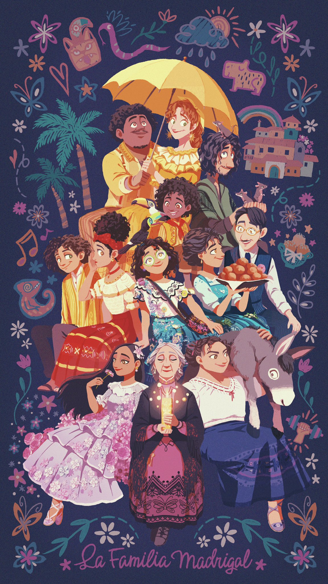 5boys 6+girls agustin_madrigal alma_madrigal animal_on_head antonio_madrigal arepa bird black_hair brother_and_sister bruno_madrigal camilo_madrigal candle carrying cousins curly_hair dark-skinned_female dark-skinned_male dark_skin disney dolores_madrigal donkey dress earrings encanto family felix_madrigal flower food glasses grandmother_and_granddaughter grandmother_and_grandson grey_hair hair_flower hair_ornament hairband highres husband_and_wife isabela_madrigal jewelry julieta_madrigal long_hair luisa_madrigal mirabel_madrigal multiple_boys multiple_girls necktie on_head pepa_madrigal poncho ponytail rat redhead second-party_source short_hair siblings sisters toucan umbrella