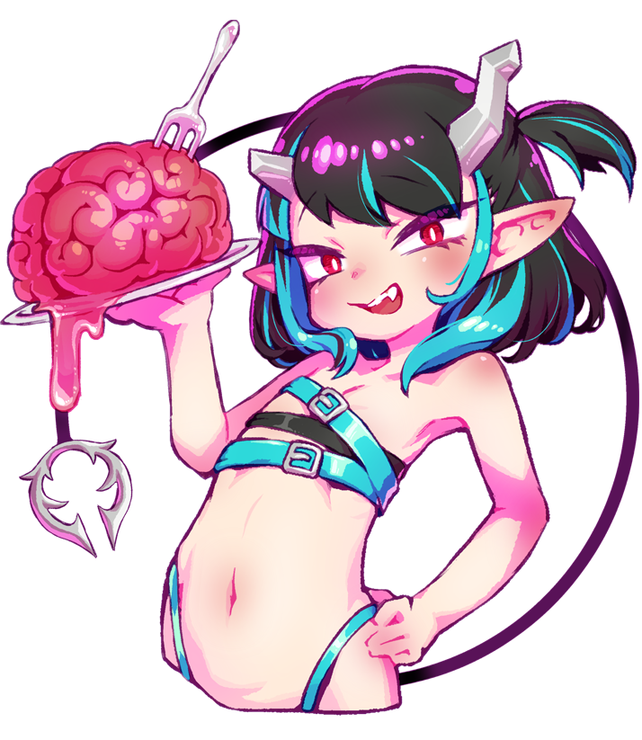 1girl bangs belt beltbra black_hair blue_belt blue_hair blue_panties blush brain chaki_(teasets) chest_belt commentary_request demon_girl demon_horns demon_tail eyebrows_visible_through_hair fang flat_chest fork hand_on_hip highleg highleg_panties holding holding_plate horns looking_at_viewer medium_hair multicolored_hair navel open_mouth panties plate pointy_ears red_eyes shishio_chris side_ponytail simple_background smile solo sugar_lyric tail transparent_background two-tone_hair underwear upper_body virtual_youtuber
