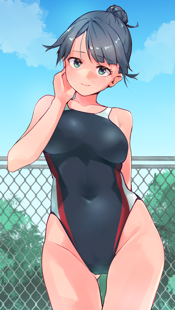 1girl ass_visible_through_thighs black_hair black_swimsuit breasts bush chain-link_fence competition_swimsuit contrapposto covered_navel cowboy_shot fence green_eyes hair_bun ninchan one-piece_swimsuit original small_breasts solo standing swimsuit
