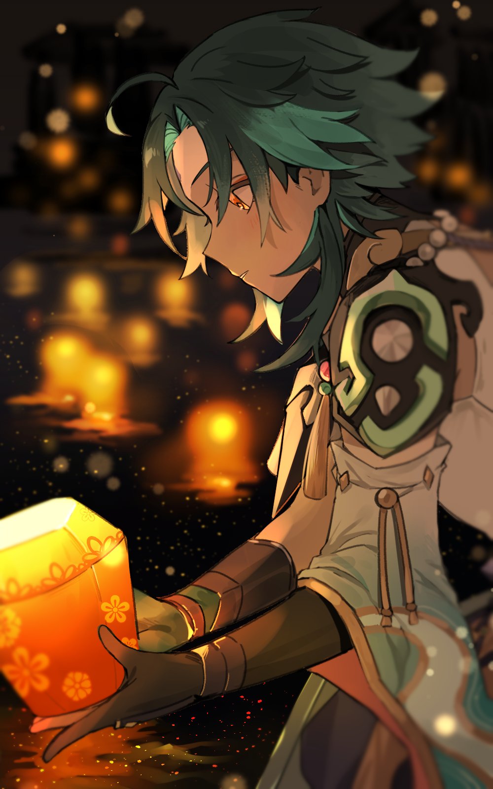 1boy ahoge aqua_hair bangs bead_necklace beads black_hair blurry blurry_background facial_mark floral_print forehead_mark from_side genshin_impact gloves gradient_hair gyoju_(only_arme_nim) highres holding jewelry lantern male_focus multicolored_hair necklace night outdoors parted_lips profile reflection reflective_water solo symbol-only_commentary tassel water xiao_(genshin_impact) yellow_eyes