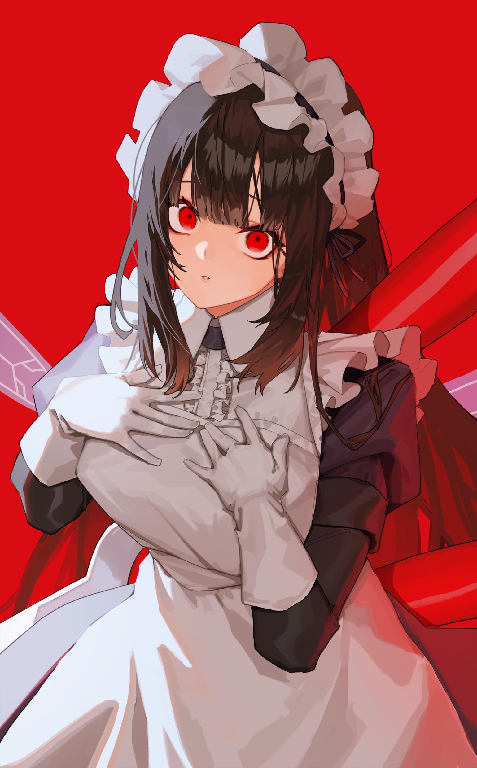 1girl absurdres apron bangs blunt_bangs breasts brown_hair frilled_apron frills gloves hands_on_own_chest highres last_origin long_hair looking_at_viewer maid maid_apron maid_headdress red_background red_eyes sanpaku scissors_lise simple_background solo tunamayo_(dsasd751) white_apron white_gloves wide-eyed yandere