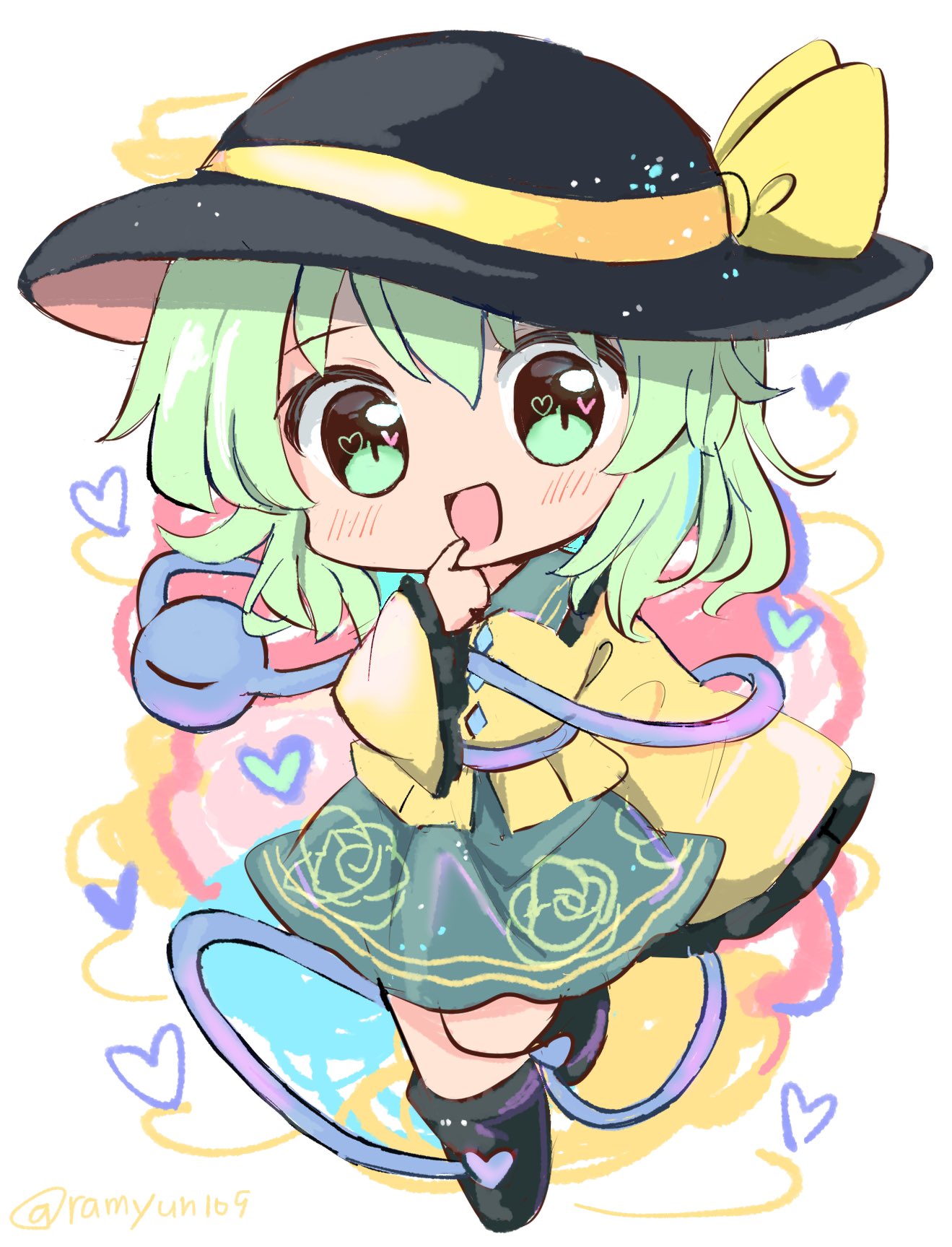 1girl :d bangs black_footwear black_headwear chibi eyebrows_visible_through_hair floral_print full_body green_eyes green_hair green_skirt hat hat_ribbon heart heart_of_string highres komeiji_koishi long_sleeves looking_at_viewer open_mouth pointing pointing_at_self ramudia_(lamyun) ribbon rose_print shirt short_hair skirt smile solo third_eye touhou twitter_username white_background wide_sleeves yellow_ribbon yellow_shirt