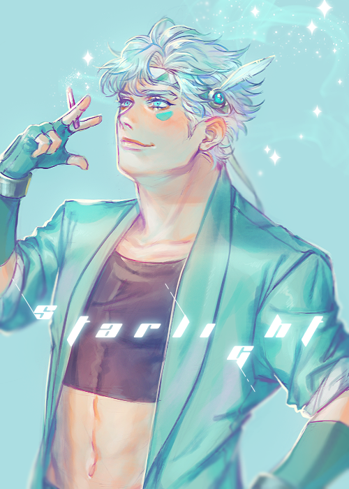 1boy battle_tendency between_fingers caesar_anthonio_zeppeli cigarette coat crop_top facial_mark feather_hair_ornament feathers fingerless_gloves gloves green_coat green_eyes hair_ornament headband holding holding_cigarette homil22 jojo_no_kimyou_na_bouken long_coat male_focus midriff silver_hair sleeves_rolled_up smile solo sparkle white_hair