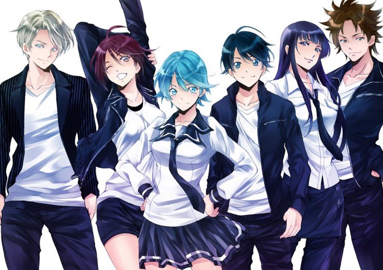 2boys 4girls akitsuki_fuuka aoi_fuuka arm_behind_head arm_up black_hair black_jacket black_necktie black_pants black_shorts black_skirt blue_eyes blue_hair brown_eyes brown_hair closed_mouth collarbone collared_shirt dress_shirt fuuka grin hands_on_hips haruna_yuu iwami_sara jacket long_hair long_sleeves looking_at_viewer mikasa_makoto miniskirt multiple_boys multiple_girls nachi_kazuya necktie official_art one_eye_closed open_clothes open_jacket pants pleated_skirt redhead seo_kouji shiny shiny_hair shirt short_hair short_shorts shorts silver_hair simple_background skirt smile standing straight_hair stretch white_background white_shirt wing_collar