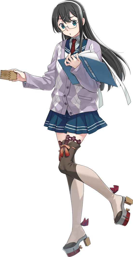 1girl aqua_eyes beans black_hair black_legwear blue_eyes blue_sailor_collar blue_shirt blue_skirt buttons cardigan collared_shirt fujikawa full_body glasses hair_between_eyes hairband holding kantai_collection long_hair long_sleeves masu necktie non-web_source official_art ooyodo_(kancolle) open_mouth pleated_skirt purple_cardigan red_necktie sailor_collar shirt skirt solo thigh-highs transparent_background white_hairband