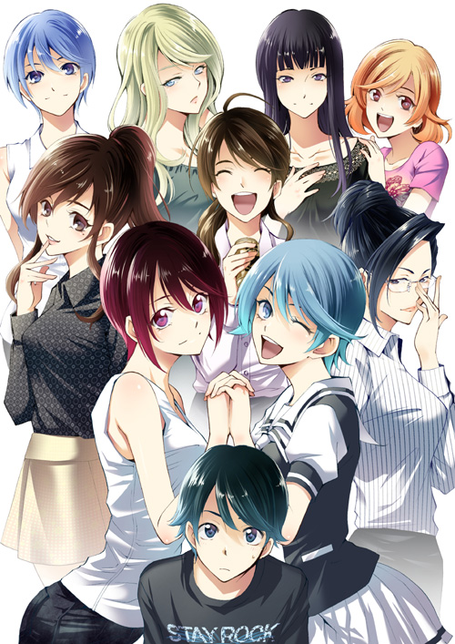 1boy 6+girls :d ;d ^_^ adjusting_eyewear ahoge akitsuki_fuuka amaya_shiori asahina_suzuka bangs black_hair black_shirt blonde_hair blue_eyes blue_hair blunt_bangs brown_eyes brown_hair character_request closed_eyes collarbone collared_shirt facing_viewer frown fuuka gradient_hair hair_over_shoulder hand_on_another's_shoulder hashiba_miki high_ponytail hime_cut hinokami_aoba holding_hands interlocked_fingers iwami_sara kimi_no_iru_machi long_hair long_sleeves looking_at_viewer miniskirt multicolored_hair multiple_girls official_art one_eye_closed pink_shirt pleated_skirt print_shirt red_eyes redhead seo_kouji shiny shiny_hair shirt short_hair short_sleeves skirt sleeveless sleeveless_shirt smile straight_hair striped striped_shirt suzuka sweatdrop swept_bangs vertical-striped_shirt vertical_stripes very_long_hair white_shirt white_skirt wing_collar