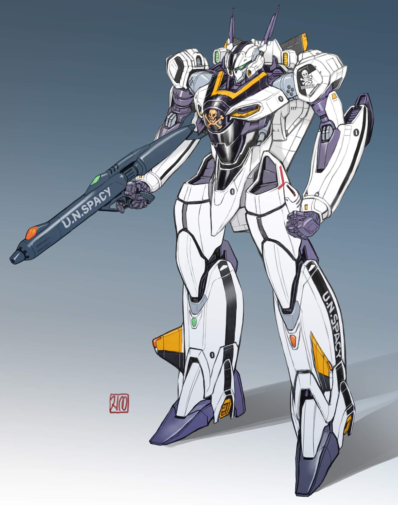 choujikuu_yousai_macross clenched_hand gradient gradient_background gun gunpod highres holding holding_gun holding_weapon macross maeda_hiroyuki mecha no_humans redesign science_fiction shadow skull_and_crossbones solo standing variable_fighter vf-1 vf-1s visor weapon