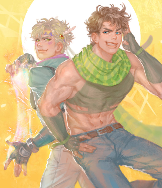 2boys abs bare_shoulders battle_tendency biceps blonde_hair blue_eyes blue_jacket brown_hair bubble caesar_anthonio_zeppeli crop_top denim facial_mark feather_hair_ornament feathers fingerless_gloves gloves green_eyes green_scarf hair_ornament hand_on_own_cheek hand_on_own_face headband homil22 hydrokinesis jacket jeans jojo_no_kimyou_na_bouken joseph_joestar joseph_joestar_(young) male_focus midriff multiple_boys muscular muscular_male pants scarf striped striped_scarf triangle_print water