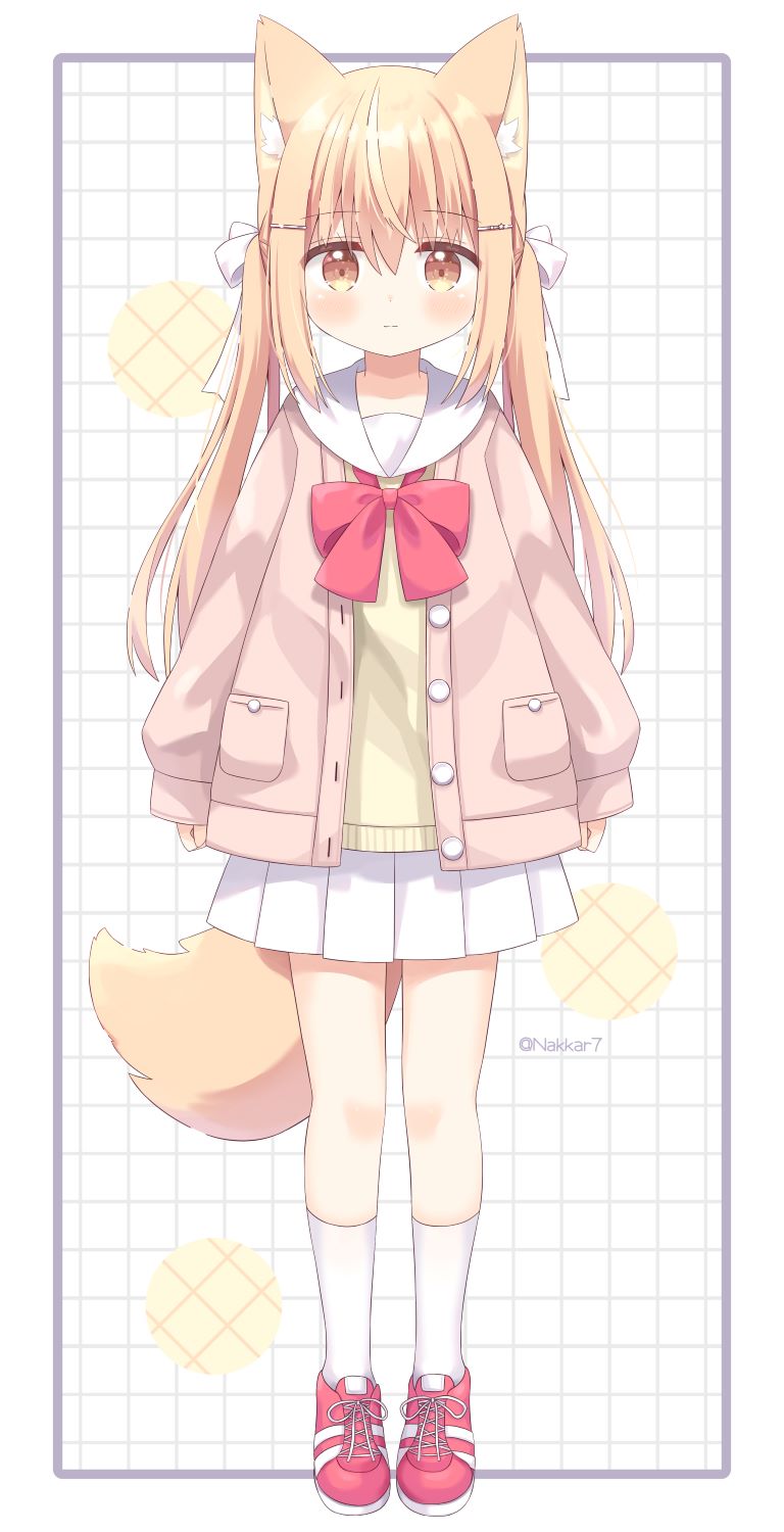 1girl animal_ear_fluff animal_ears bangs blonde_hair blush bow bread brown_eyes closed_mouth commentary_request eyebrows_visible_through_hair food full_body hair_between_eyes hair_bow hair_ornament hairclip highres jacket long_hair long_sleeves looking_at_viewer melon_bread miike-chan nakkar open_clothes open_jacket original pink_jacket pleated_skirt puffy_long_sleeves puffy_sleeves red_bow red_footwear sailor_collar shirt shoes skirt sleeves_past_wrists socks solo standing tail twintails twitter_username very_long_hair white_background white_bow white_legwear white_sailor_collar white_skirt yellow_shirt