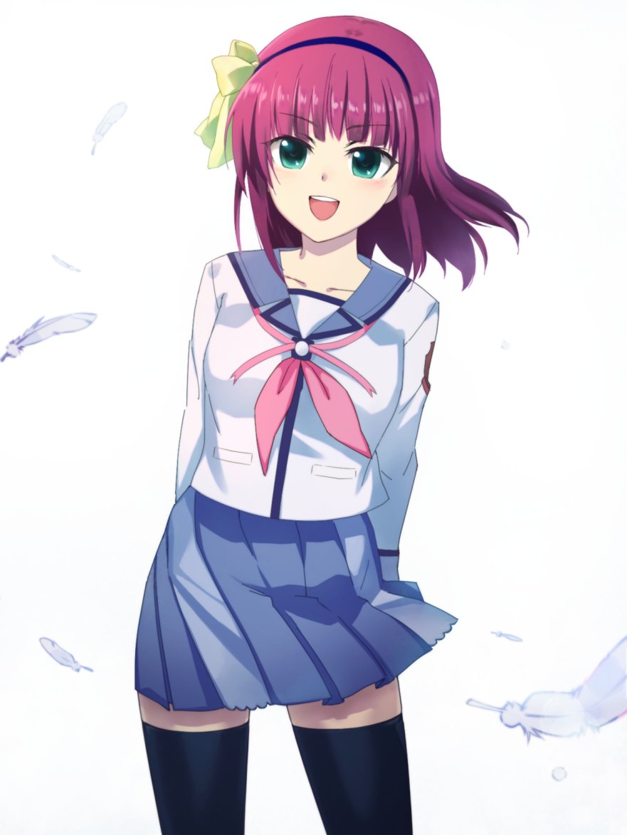 1girl angel_beats! arms_behind_back black_legwear blue_sailor_collar blue_skirt bow breasts green_eyes hair_bow hairband looking_at_viewer medium_breasts open_mouth purple_hair round_teeth ryoui_(ry_tya) sailor_collar school_uniform serafuku shinda_sekai_sensen_uniform simple_background skirt smile solo teeth thigh-highs upper_teeth white_background yuri_(angel_beats!)