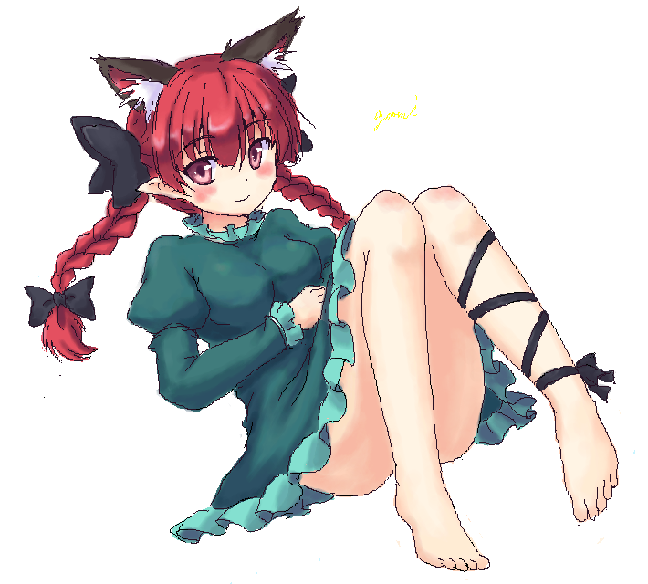 1girl animal_ears bangs bare_legs barefoot black_bow black_ribbon blush bow braid breasts cat_ears cat_tail closed_mouth convenient_leg dress extra_ears eyebrows_visible_through_hair frilled_dress frilled_sleeves frills green_dress hair_bow isaki_(gomi) juliet_sleeves kaenbyou_rin leg_ribbon leg_strap long_hair long_sleeves medium_breasts multiple_tails nekomata no_panties pointy_ears puffy_sleeves red_eyes redhead ribbon simple_background sitting smile tail touhou twin_braids two_tails white_background