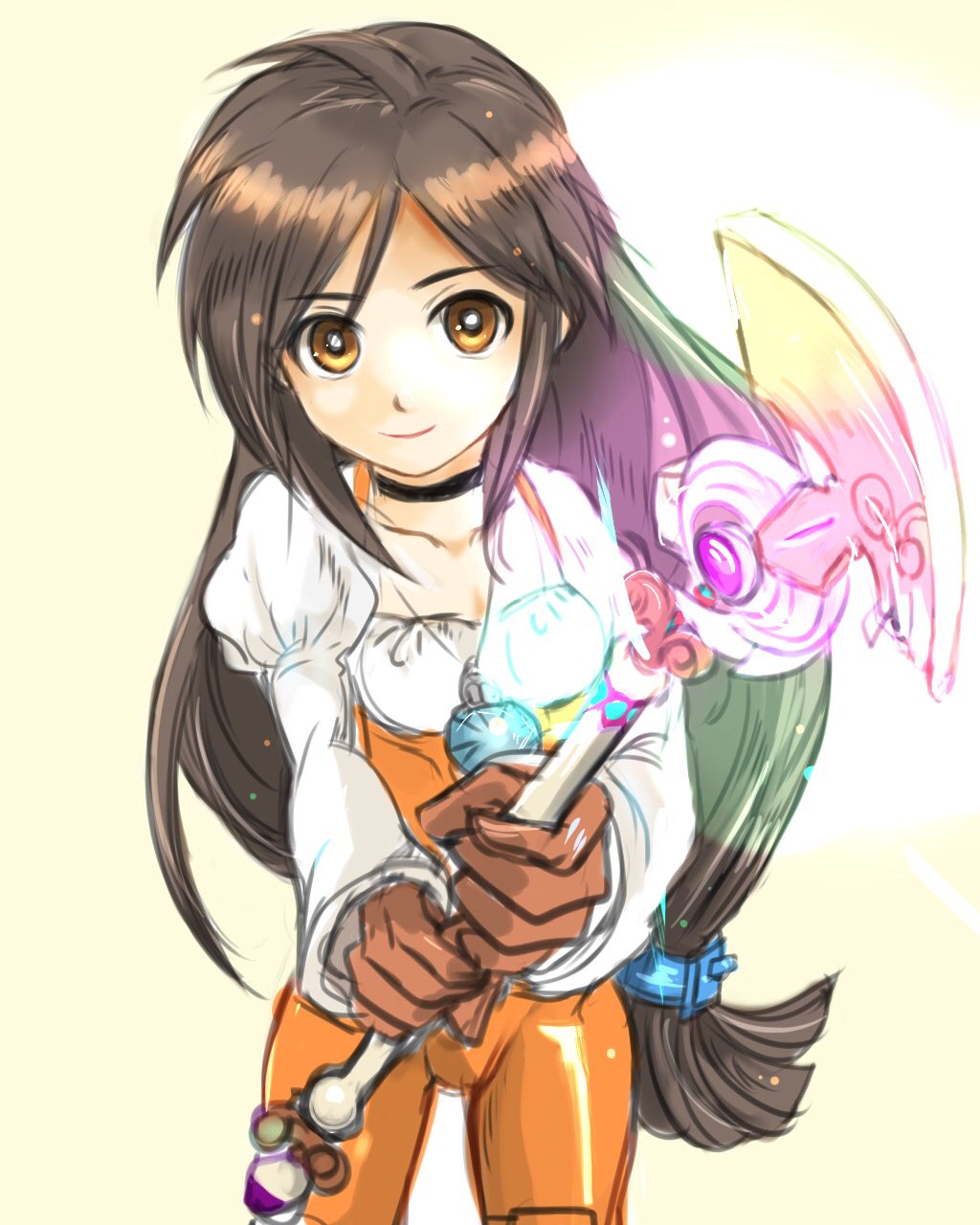 1girl black_hair bodysuit breasts brown_eyes choker closed_mouth final_fantasy final_fantasy_ix garnet_til_alexandros_xvii gloves highres jewelry long_hair looking_at_viewer low-tied_long_hair necklace orange_bodysuit sa_kichi simple_background smile solo