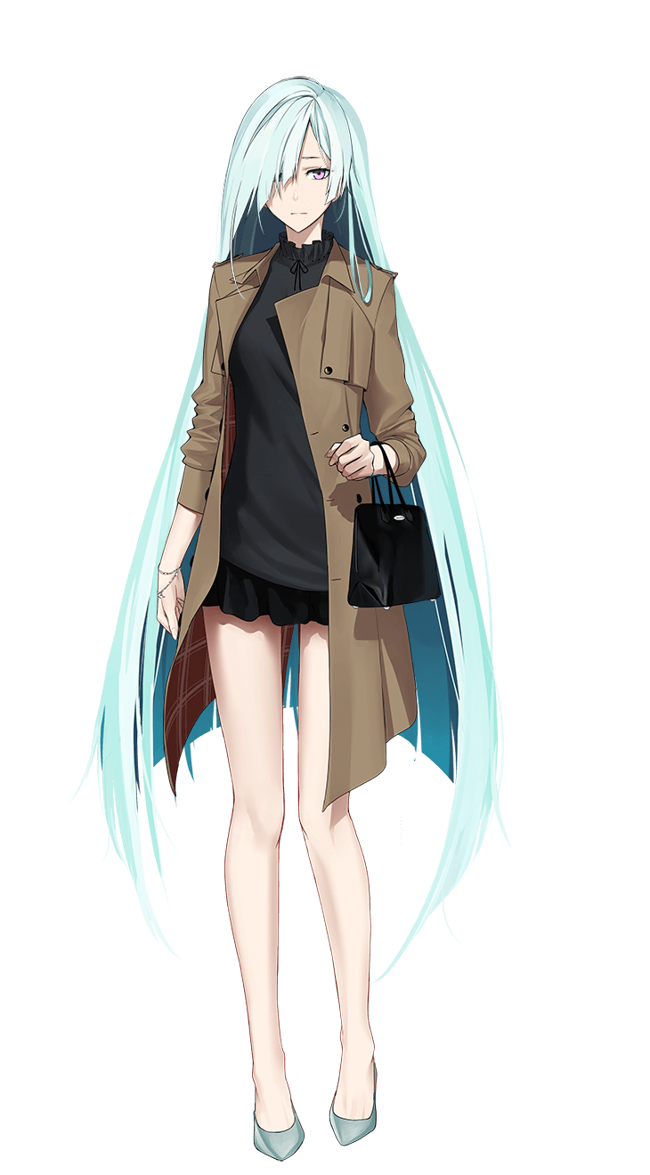 1girl bag bare_legs black_shirt black_skirt brown_coat brynhildr_(fate) closed_mouth coat fate/empire_of_dirt fate_(series) full_body game_cg grey_footwear hair_over_one_eye highres holding holding_bag ikemeru19 long_hair long_sleeves looking_at_viewer miniskirt open_clothes open_coat pumps school_bag shirt silver_hair skirt solo standing straight_hair tachi-e transparent_background very_long_hair violet_eyes