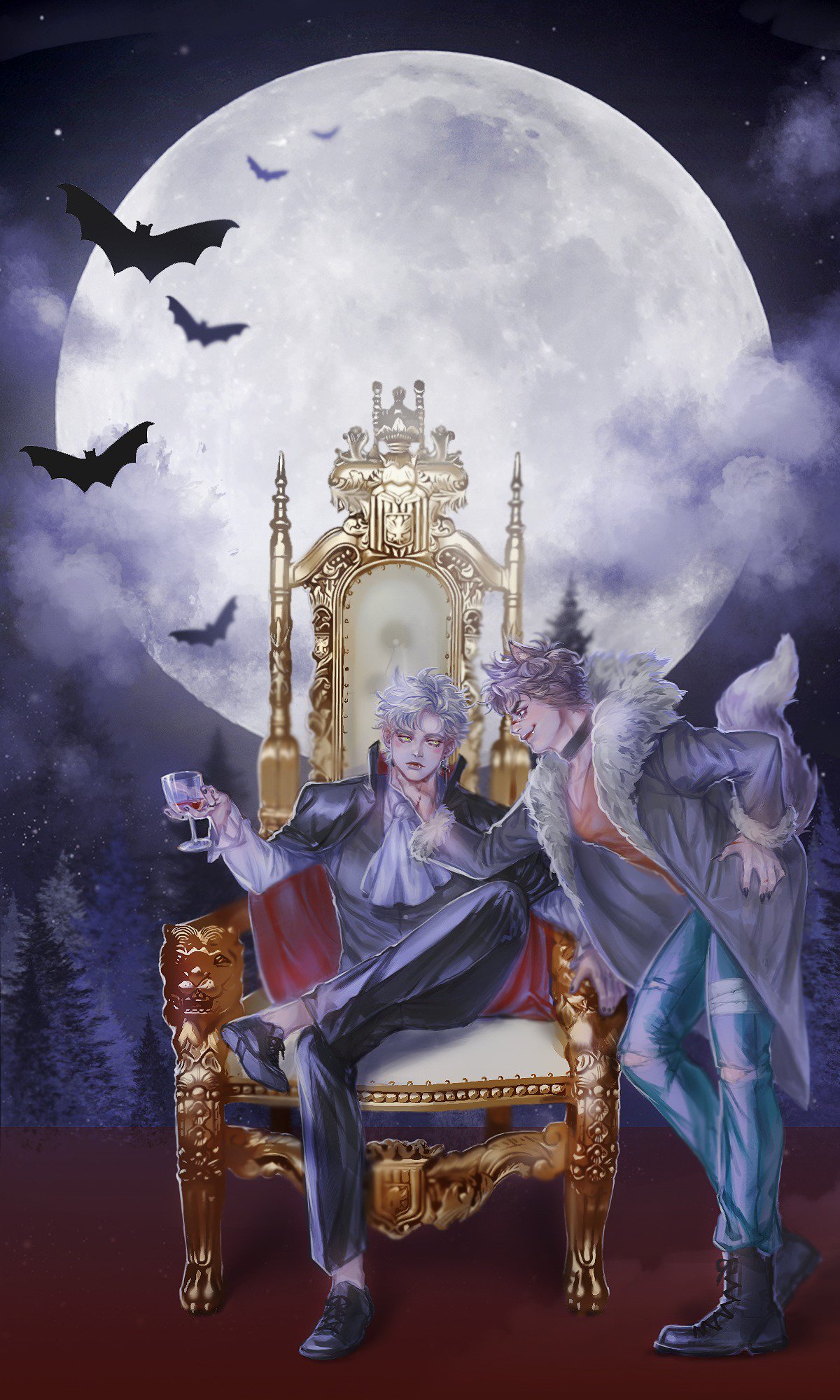 2boys alcohol animal_ears ascot bat battle_tendency blonde_hair boots brown_hair caesar_anthonio_zeppeli coat collar collared_cape cross-laced_footwear cup cupping_glass denim drinking_glass fangs full_moon fur-trimmed_coat fur-trimmed_collar fur-trimmed_sleeves fur_trim halloween halloween_costume highres homil22 jeans jojo_no_kimyou_na_bouken joseph_joestar joseph_joestar_(young) kemonomimi_mode lace-up_boots long_coat male_focus moon multiple_boys pants scar scar_on_face scar_on_nose sitting tail throne torn_clothes torn_jeans torn_pants vampire_costume vampires werewolf_costume wine wine_glass wolf_ears wolf_tail