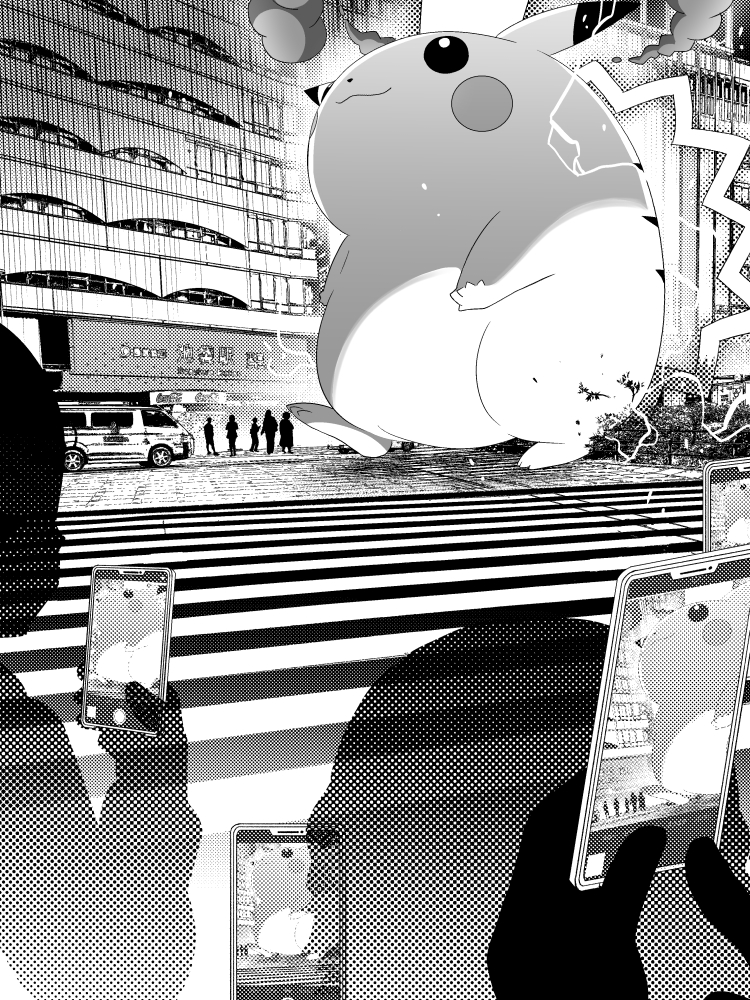 building chida_daisuke closed_mouth commentary_request electricity giant gigantamax gigantamax_pikachu greyscale ground_vehicle holding holding_phone monochrome motor_vehicle outdoors phone pikachu pokemon pokemon_(creature) smile standing