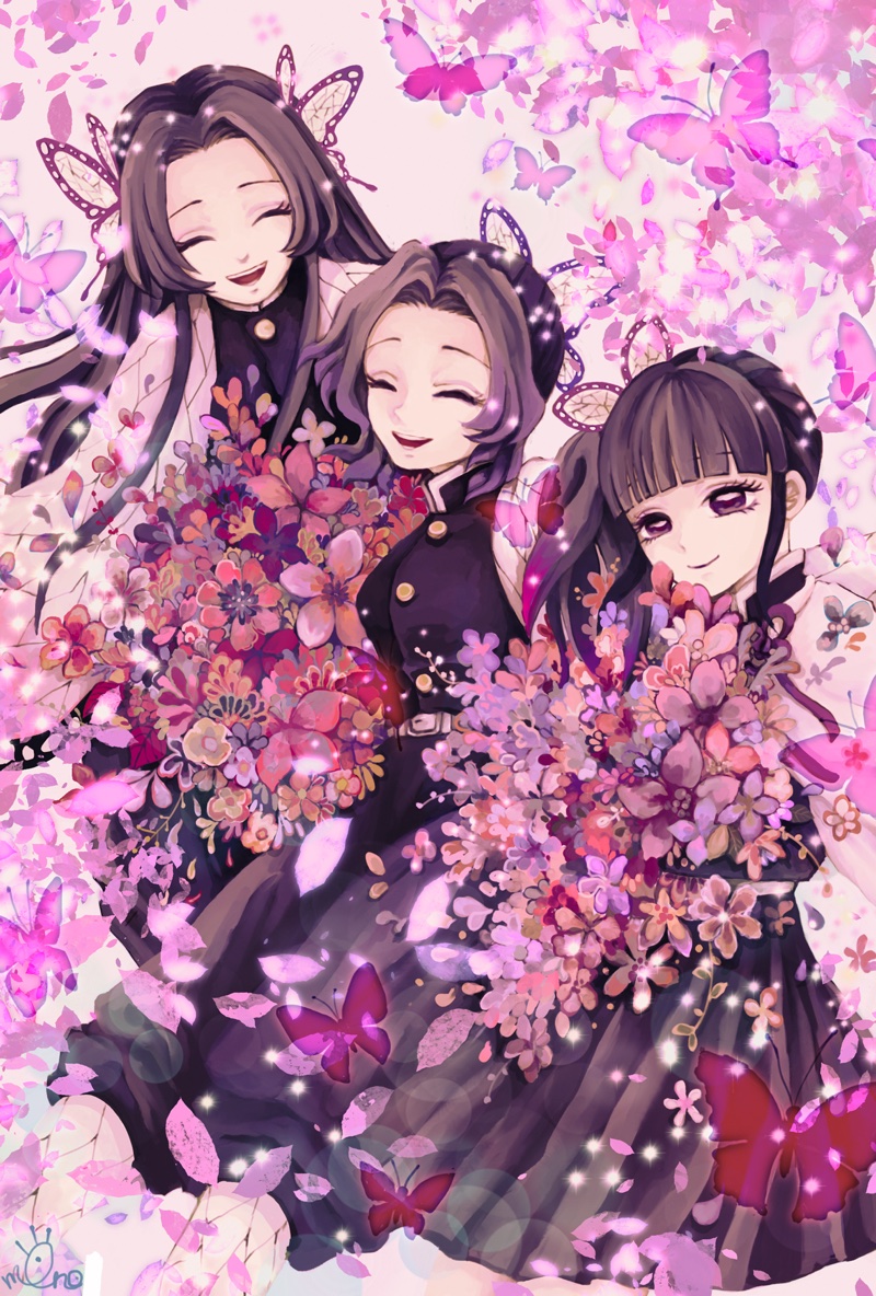 000m000e 3girls animal_print bangs belt belt_buckle black_hair black_skirt blunt_bangs blush bouquet branch breasts buckle butterfly_hair_ornament butterfly_print buttons cherry_blossoms closed_eyes closed_mouth commentary eyebrows_visible_through_hair eyelashes falling_petals forehead gakuran gradient_hair hair_ornament haori japanese_clothes kimetsu_no_yaiba kochou_kanae kochou_shinobu long_hair long_sleeves looking_at_viewer medium_breasts medium_hair multicolored_hair multiple_girls open_mouth parted_bangs petals pink_eyes pleated_skirt purple_hair sandwiched school_uniform short_hair siblings side_ponytail sisters skirt smile standing tsuyuri_kanao two-tone_hair uniform violet_eyes white_belt