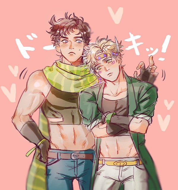 2boys abs battle_tendency blonde_hair blush brown_hair caesar_anthonio_zeppeli crop_top crossed_arms facial_mark feather_hair_ornament feathers fingerless_gloves gloves green_eyes green_scarf groin hair_ornament headband homil22 jojo_no_kimyou_na_bouken joseph_joestar joseph_joestar_(young) leaning_on_person long_coat male_focus midriff multiple_boys scarf striped striped_scarf sweatdrop triangle_print