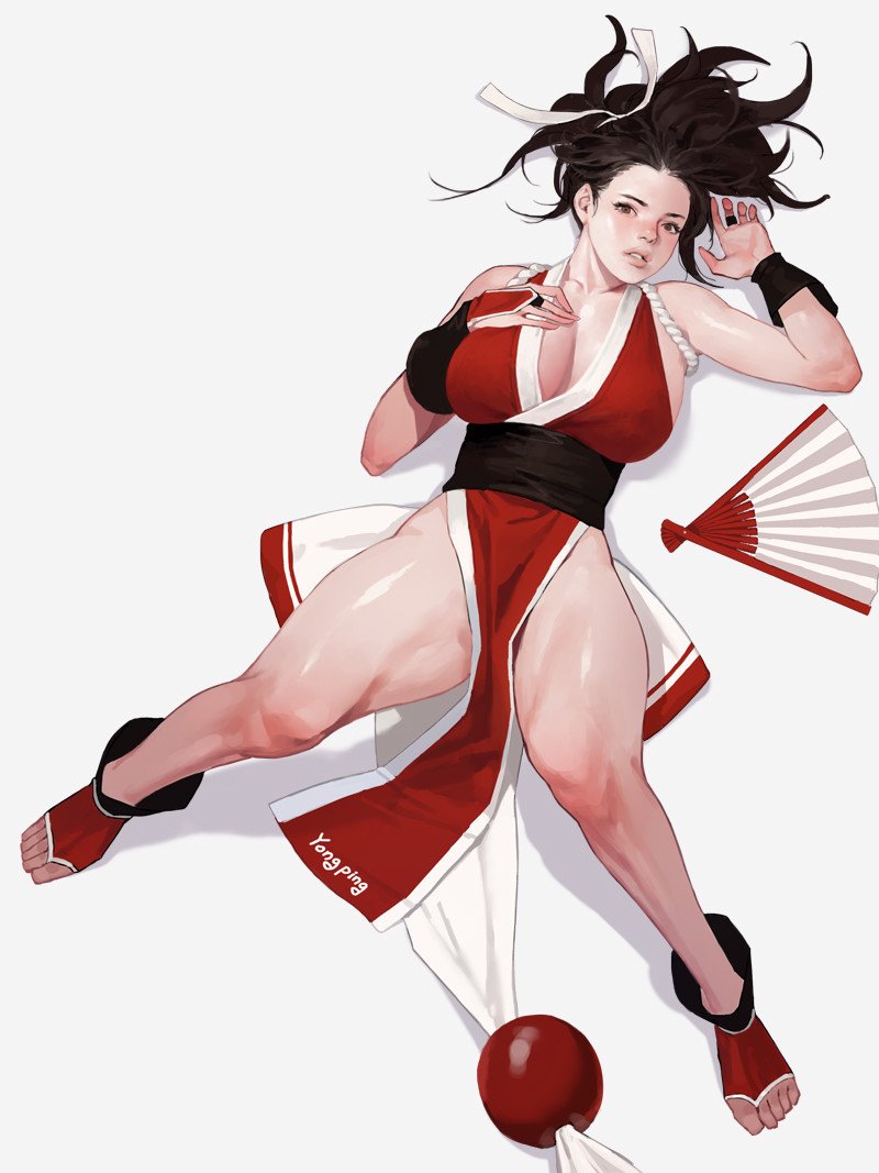 1girl bare_legs bare_shoulders breast_grab breasts brown_eyes brown_hair dongho_kang expressionless full_body grabbing hand_fan huge_breasts japanese_clothes long_hair looking_at_viewer lying muscular muscular_female parted_lips revealing_clothes rope shiranui_mai snk solo the_king_of_fighters thick_lips thighs white_background
