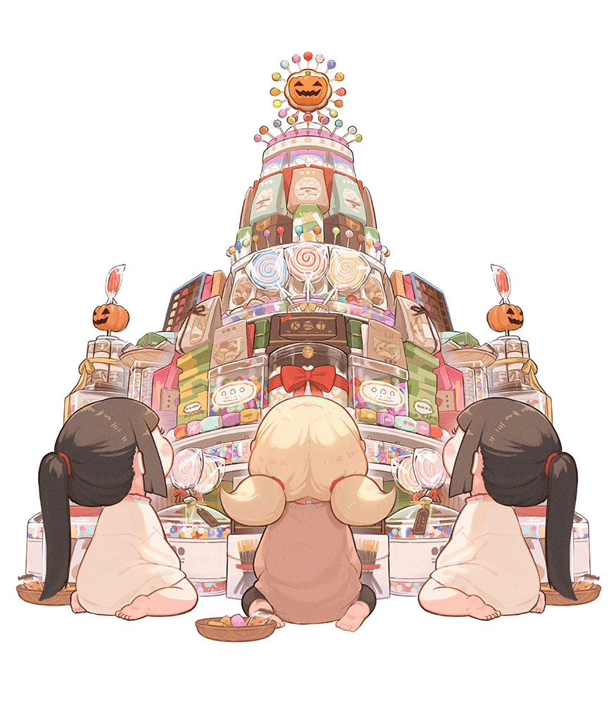 3girls black_hair blonde_hair bow candy child chocolate cookie facing_away food hairband kozato_(yu_kozato) little_blonde_girl_(kozato) lollipop long_sleeves low_twintails multiple_girls original pocky ponytail red_bow shirt short_twintails siblings simple_background sitting twins twintails wariza white_background white_shirt