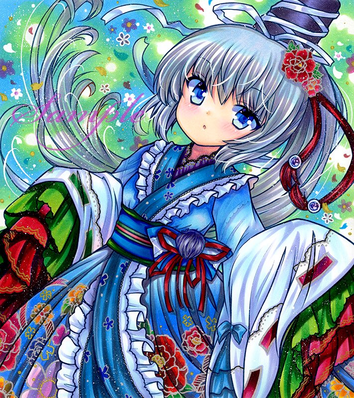 1girl blue_dress blue_eyes dress floral_background floral_print flower frilled_dress frilled_sleeves frills grey_hair hair_flower hair_ornament hat layered_dress layered_sleeves long_hair looking_at_viewer mononobe_no_futo multicolored_clothes obi pom_pom_(clothes) ponytail rui_(sugar3) sample sash tate_eboshi touhou very_long_hair