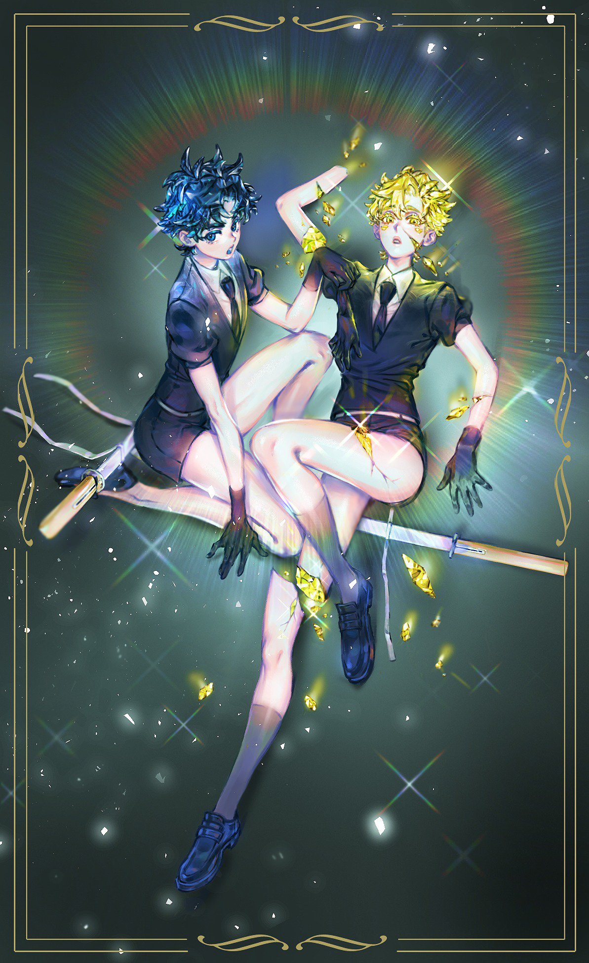 2boys androgynous battle_tendency black_gloves black_shorts blonde_hair blue_eyes blue_hair caesar_anthonio_zeppeli collared_shirt cracked_skin crossover crystal_hair detached_arm detached_legs diffraction_spikes facial_mark gem_uniform_(houseki_no_kuni) gloves highres homil22 houseki_no_kuni jojo_no_kimyou_na_bouken joseph_joestar joseph_joestar_(young) kneeling male_focus multiple_boys necktie puffy_short_sleeves puffy_sleeves shirt short_sleeves shorts white_shirt