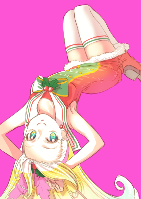 1girl arms_behind_head arms_up blonde_hair boots christmas closed_mouth commentary double_horizontal_stripe dress earrings fur-trimmed_dress fur_trim green_eyes hair_ornament holly holly_hair_ornament jewelry jj_(ssspulse) kirahoshi_ciel kirakira_precure_a_la_mode long_hair looking_at_viewer looking_back lying minamino_kanade on_back precure purple_background red_footwear sailor_collar santa_boots santa_dress short_dress simple_background sleeveless sleeveless_dress smile solo thigh-highs upside-down white_legwear white_sailor_collar