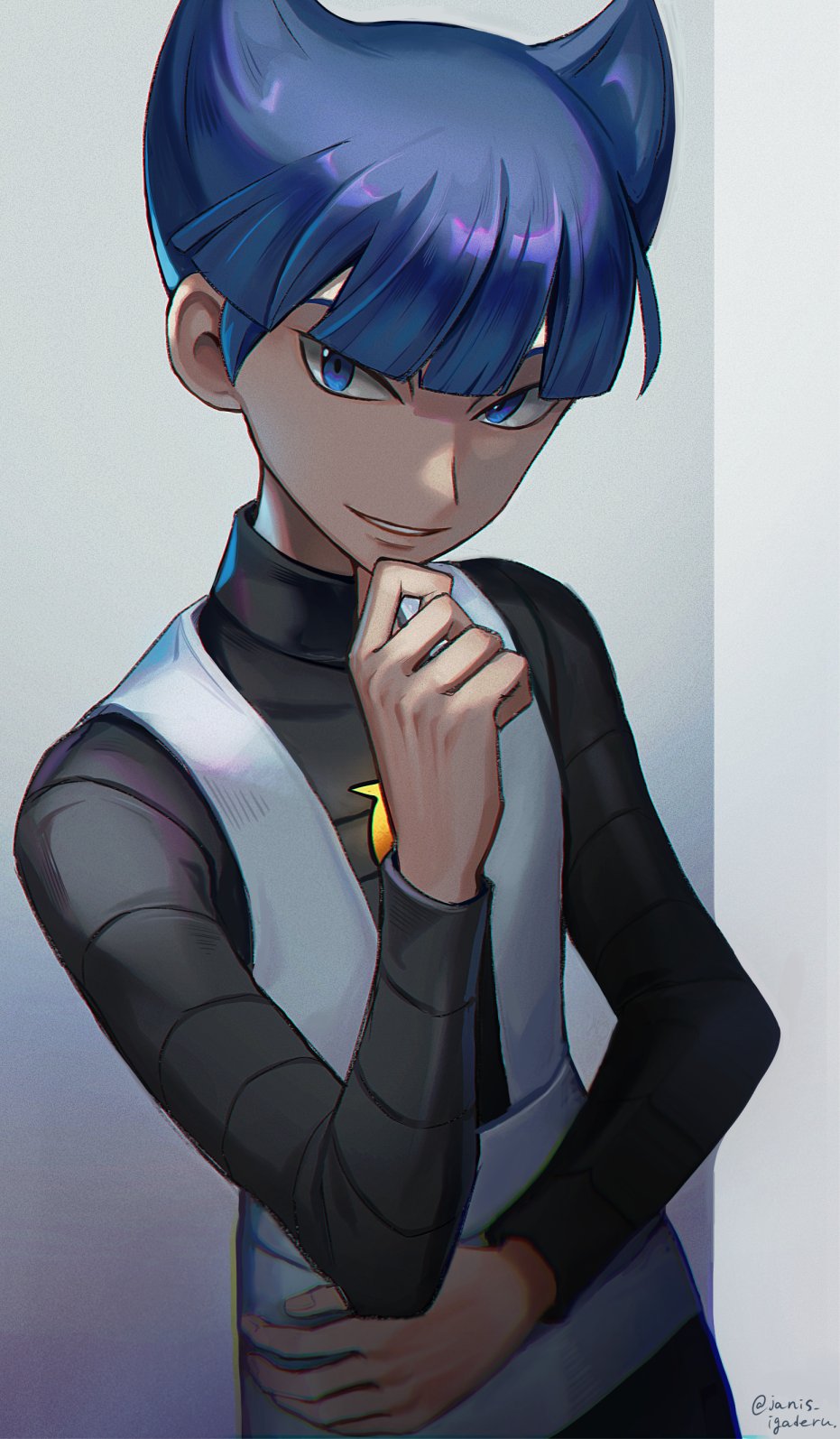 1boy bangs black_shirt blue_hair blunt_bangs chin_stroking commentary_request hand_up highres janis_(hainegom) logo looking_at_viewer male_focus parted_lips pokemon pokemon_(game) pokemon_dppt saturn_(pokemon) shirt short_hair smile solo team_galactic team_galactic_uniform twitter_username vest white_vest