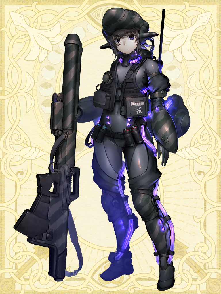 1girl anti-materiel_rifle barcode barcode_tattoo belt black_hair bodysuit camouflage chain_paradox closed_mouth covered_navel facial_tattoo full_body glowing gun headgear hetza_(hellshock) holding holding_weapon looking_at_viewer rifle science_fiction sniper_rifle solo standing tattoo vest violet_eyes weapon yellow_background