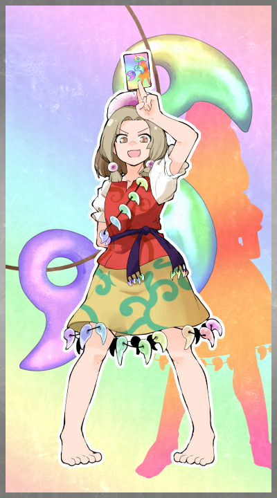 1girl arm_behind_back arm_up bangs barefoot berusuke_(beru_no_su) blouse brown_eyes brown_hair card card_background full_body headpiece holding holding_card looking_at_viewer magatama medium_hair medium_skirt multicolored_hair parted_bangs patterned_clothing rainbow_gradient rainbow_order red_blouse sash silhouette skirt smile tamatsukuri_misumaru touhou two-tone_hair yellow_skirt