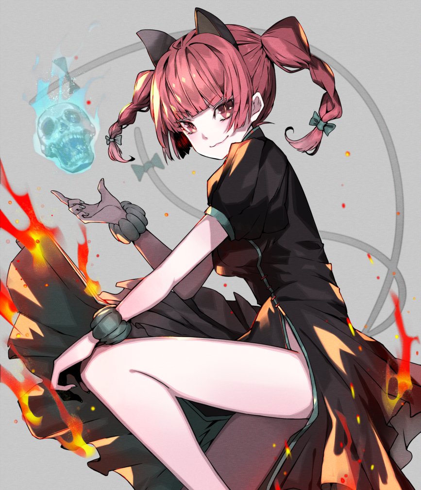 1girl :3 animal_ears blue_fire bow braid cat_ears cat_tail dress extra_ears fire flaming_skull floating_skull fog ghost green_bow green_dress greyscale hitodama holding holding_skull kaenbyou_rin legs monochrome multiple_tails puffy_short_sleeves puffy_sleeves red_eyes redhead scrunchie short_sleeves simple_background skull slit_pupils tail tail_bow tail_ornament touhou twin_braids two_tails uni_(bom19850101)