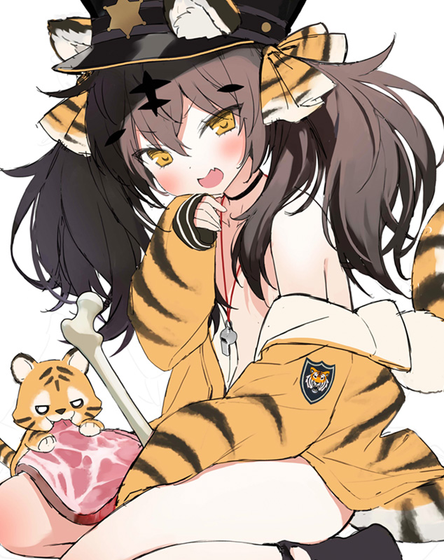 1girl :d animal_ears animal_print bare_shoulders black_choker black_hair black_headwear bone byulzzi choker ears_through_headwear fang hand_up jacket long_hair long_sleeves looking_at_viewer no_bra off_shoulder open_clothes open_jacket orange_jacket original smile solo tail thighs tiger tiger_ears tiger_print tiger_tail twintails v-shaped_eyebrows whistle whistle_around_neck yellow_eyes