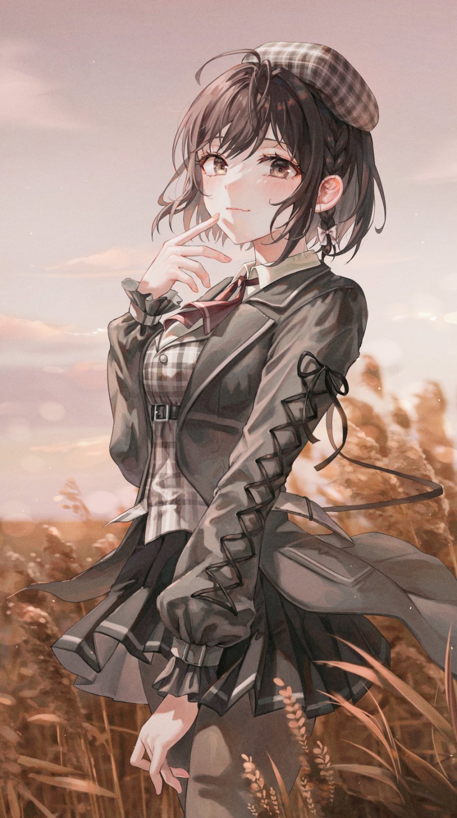 1girl ahoge black_jacket black_ribbon black_skirt blurry blurry_background bow braid breasts brown_eyes brown_legwear brown_shirt closed_mouth copyright_request day grey_bow hair_bow hand_up highres jacket long_sleeves looking_at_viewer medium_breasts miniskirt open_clothes open_jacket outdoors plaid plaid_headwear plaid_shirt pleated_skirt ribbon shirt short_hair side_braid skirt smile solo tokkyu wheat