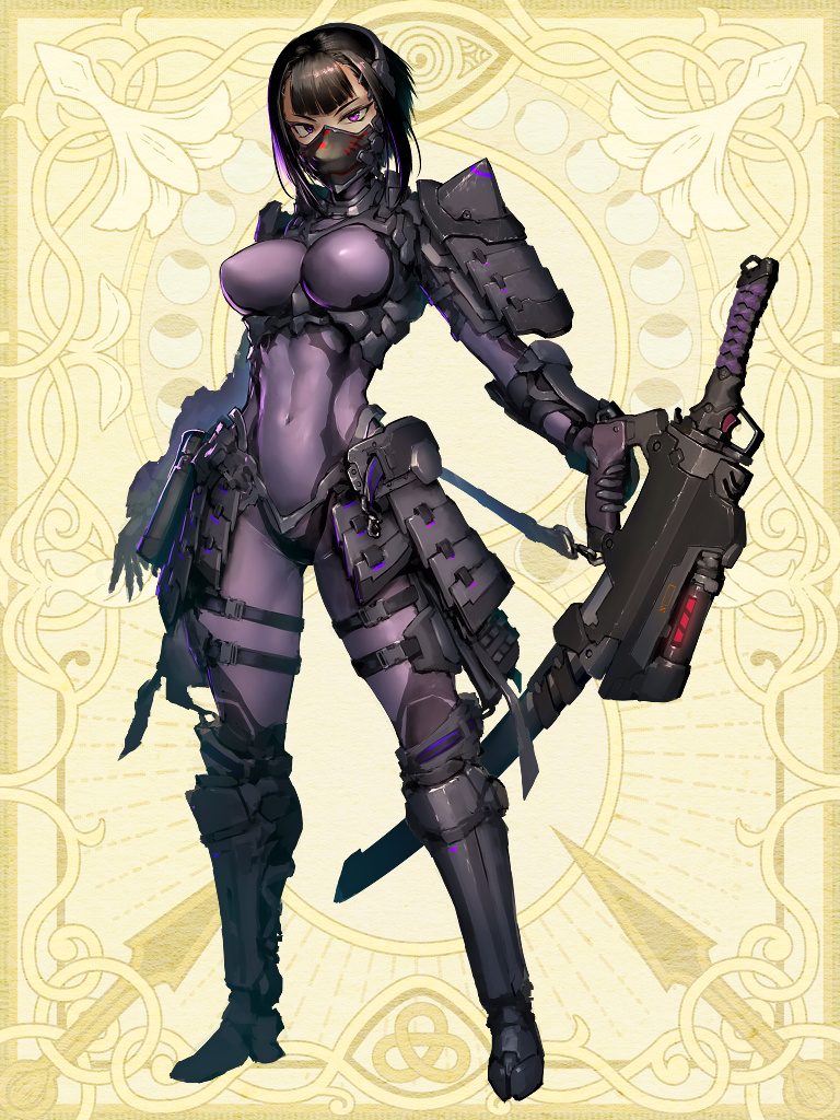 1girl armor belt black_hair black_mask bodysuit chain_paradox covered_navel full_body hetza_(hellshock) holding holding_weapon looking_at_viewer mask medium_hair mouth_mask purple_bodysuit science_fiction sheath sheathed solo standing sword tight violet_eyes weapon yellow_background