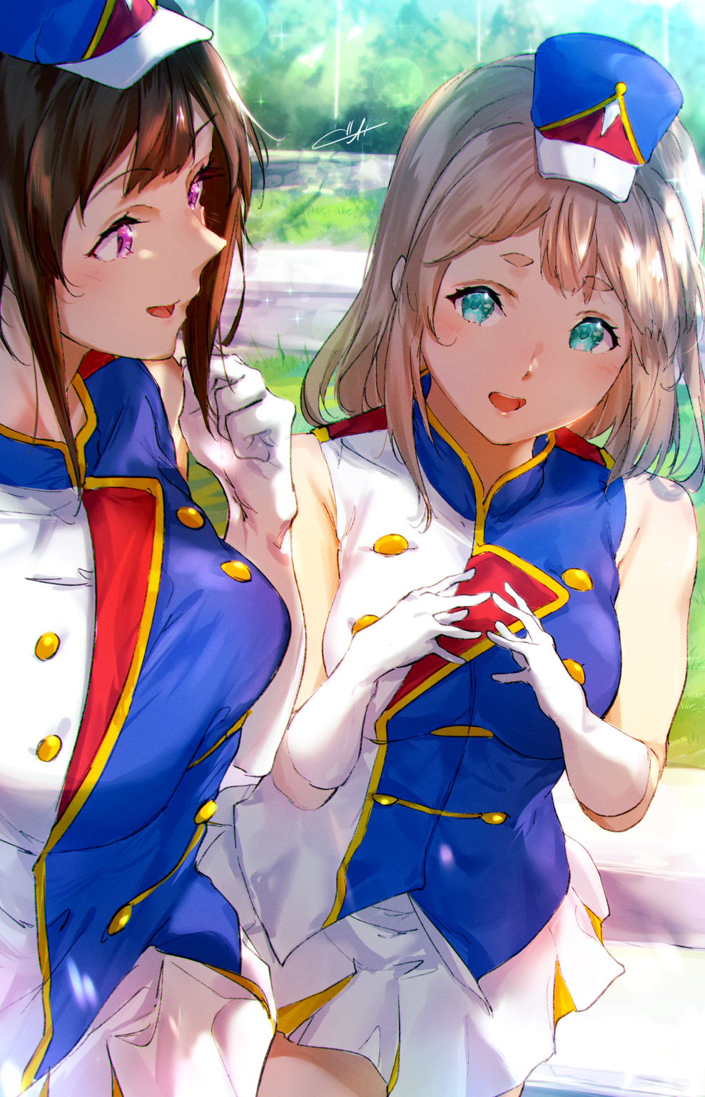 2girls :d band_uniform bangs blonde_hair blue_headwear blue_shirt blush brown_hair elbow_gloves gloves green_eyes hands_up hat hibike!_euphonium highres kuziaaizuk long_hair looking_at_another marching_band multiple_girls nakaseko_kaori open_mouth outdoors own_hands_together pleated_skirt shirt short_hair skirt sleeveless sleeveless_shirt smile standing uniform violet_eyes white_gloves white_skirt yoshikawa_yuuko