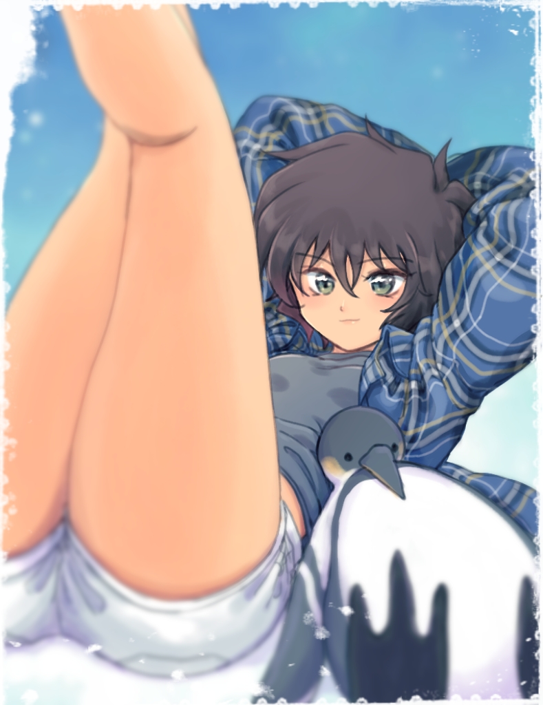 1girl arms_behind_head axseraserasera bangs bare_legs black_hair breasts closed_mouth eyebrows_visible_through_hair green_eyes grey_shirt hair_between_eyes leg_up looking_at_viewer meitantei_conan sera_masumi shirt short_hair short_shorts shorts small_breasts smile solo stuffed_animal stuffed_toy white_shorts