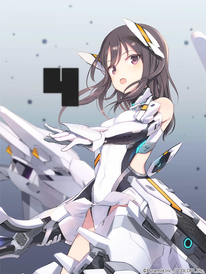 1girl aircraft alice_gear_aegis anniversary bare_shoulders black_hair breasts commentary_request covered_navel cowboy_shot elbow_gloves gloves headgear highleg highleg_leotard holding holding_sword holding_weapon leotard long_hair looking_at_viewer mecha_musume mechanical_legs medium_breasts official_art open_mouth shimada_fumikane solo sword violet_eyes weapon white_leotard yotsuya_yumi