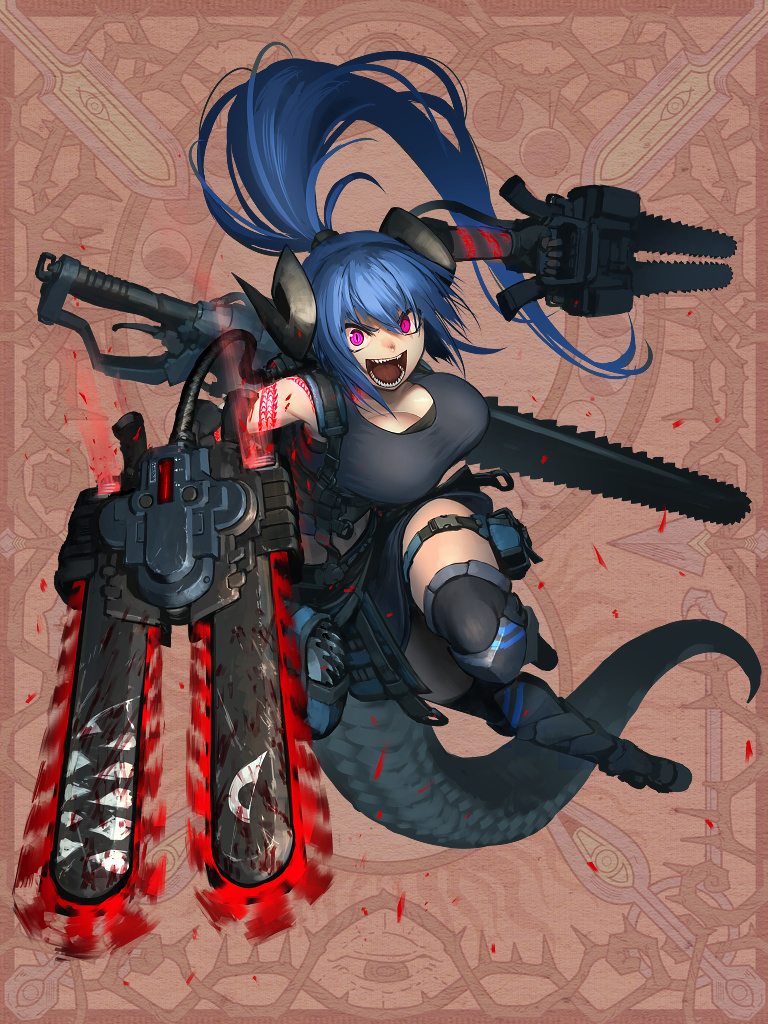 1girl black_skirt black_tank_top blue_hair boots chain_paradox chainsword dual_wielding hetza_(hellshock) holding horns knee_boots lizard_tail long_hair looking_at_viewer open_mouth pink_eyes ponytail red_background sharp_teeth shouting skirt solo tail tank_top teeth thigh-highs very_long_hair