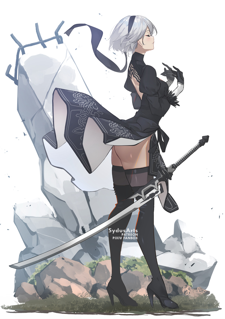 1girl black_dress black_gloves black_hairband boots closed_eyes closed_mouth dress feather-trimmed_sleeves feather_trim gloves hairband high_heel_boots high_heels juliet_sleeves leotard long_sleeves looking_up nier_(series) nier_automata no_blindfold puffy_sleeves short_hair silver_hair solo standing sword sydus thigh-highs thigh_boots thighhighs_under_boots thong_leotard weapon white_leotard yorha_no._2_type_b