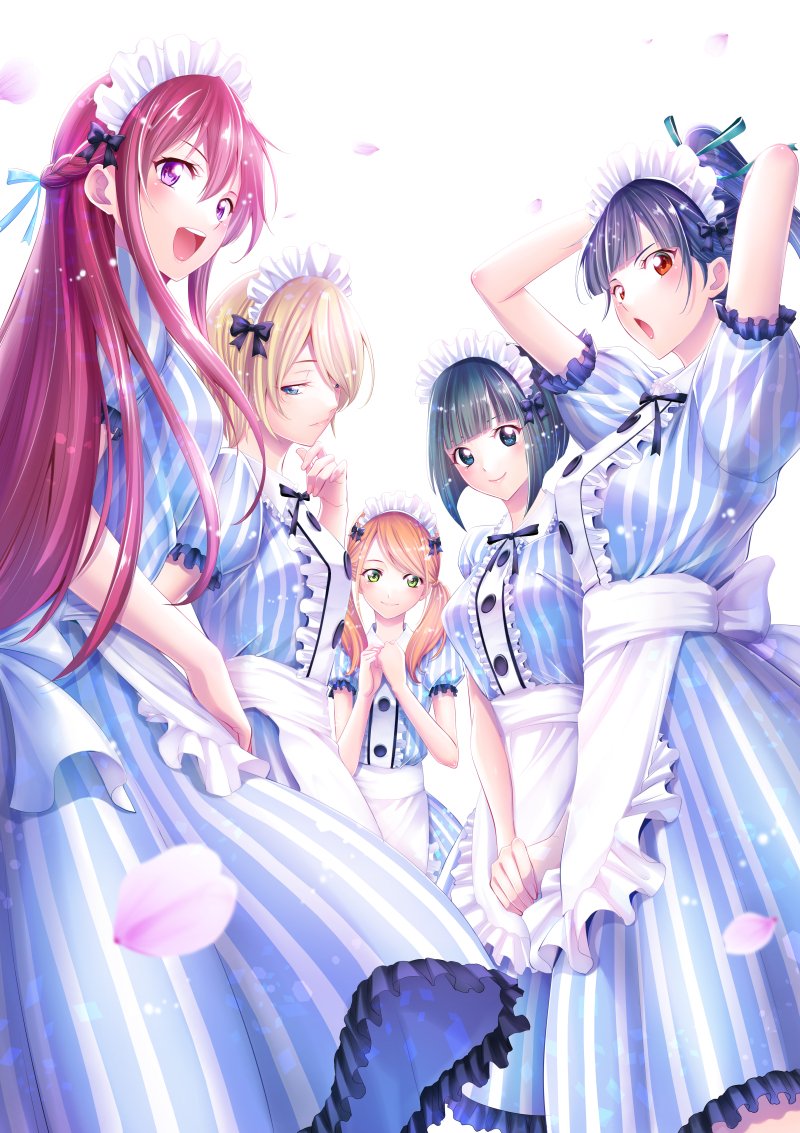 5girls apron arms_up black_eyes black_hair blonde_hair blue_ribbon blue_shirt blue_skirt braid closed_mouth french_braid frilled_skirt frilled_sleeves frills hair_over_one_eye hair_over_shoulder hair_ribbon high_ponytail hououji_akane long_hair long_skirt looking_at_viewer maid maid_headdress makusawa_ouka megami_no_kafeterasu multiple_girls official_art ono_shiragiku petals red_eyes redhead ribbon seo_kouji shiny shiny_hair shirt short_hair short_sleeves skirt smile standing striped striped_shirt striped_skirt tsukishima_riho tsuruga_ami twintails vertical-striped_shirt vertical-striped_skirt vertical_stripes very_long_hair violet_eyes waist_apron white_apron white_background