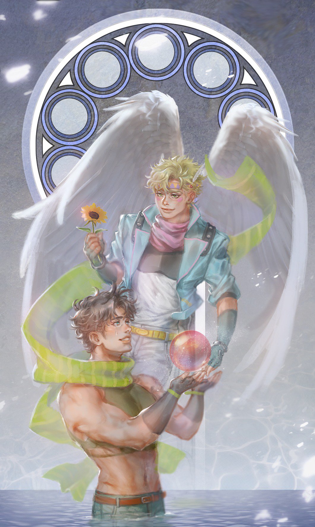 2boys abs angel_wings bare_shoulders battle_tendency blonde_hair blue_eyes brown_hair bubble caesar_anthonio_zeppeli chest_protector crop_top crying facial_mark feather_hair_ornament feathers fingerless_gloves gloves green_eyes green_scarf groin hair_ornament headband highres homil22 jojo_no_kimyou_na_bouken joseph_joestar joseph_joestar_(young) male_focus midriff multiple_boys partially_submerged scarf stained_glass striped striped_scarf tears triangle_print wings