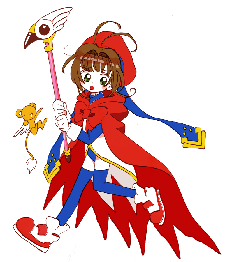 ._. 1girl :3 antenna_hair bangs beret blue_legwear blue_leotard blush_stickers bow brown_hair cape cardcaptor_sakura coattails creature d: dot_nose eyebrows_visible_through_hair full_body furrowed_brow fuuin_no_tsue gloves green_eyes hair_intakes hat holding holding_wand kero kinomoto_sakura leg_up leotard long_sleeves looking_at_viewer looking_to_the_side open_mouth red_bow red_cape red_footwear red_headwear running shoes simple_background sneakers tareme thigh-highs tokoko two-tone_footwear wand white_background white_footwear white_gloves