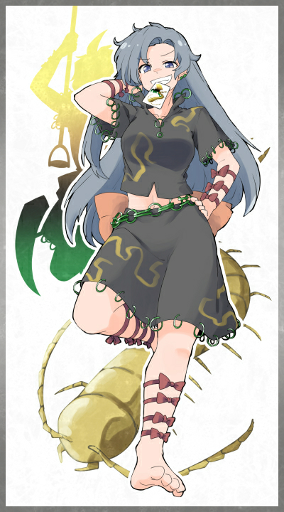 1girl arm_ribbon back_bow barefoot berusuke_(beru_no_su) bow bug card card_background centipede ear_piercing full_body grey_eyes grey_hair hand_in_hair hand_on_hip himemushi_momoyo jewelry leg_ribbon leg_up long_hair mouth_hold navel pickaxe piercing ribbon ring shovel silhouette skirt skirt_set smug touhou