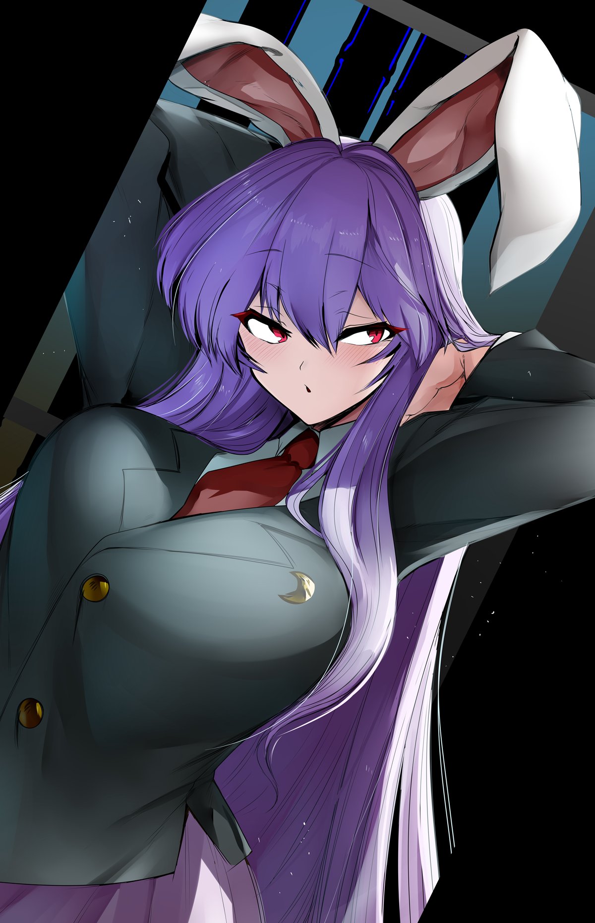 1girl :o animal_ears arms_up bangs black_background blazer blush breasts buttons collared_shirt crescent crescent_pin eyebrows_visible_through_hair eyelashes feet_out_of_frame hands_in_hair highres jacket large_breasts long_hair long_sleeves looking_to_the_side mizuga necktie pink_skirt purple_hair rabbit_ears red_eyes red_necktie reisen_udongein_inaba shiny shiny_hair shirt sidelocks simple_background skirt solo standing stretch suit_jacket symbol-shaped_pupils touhou white_shirt wing_collar