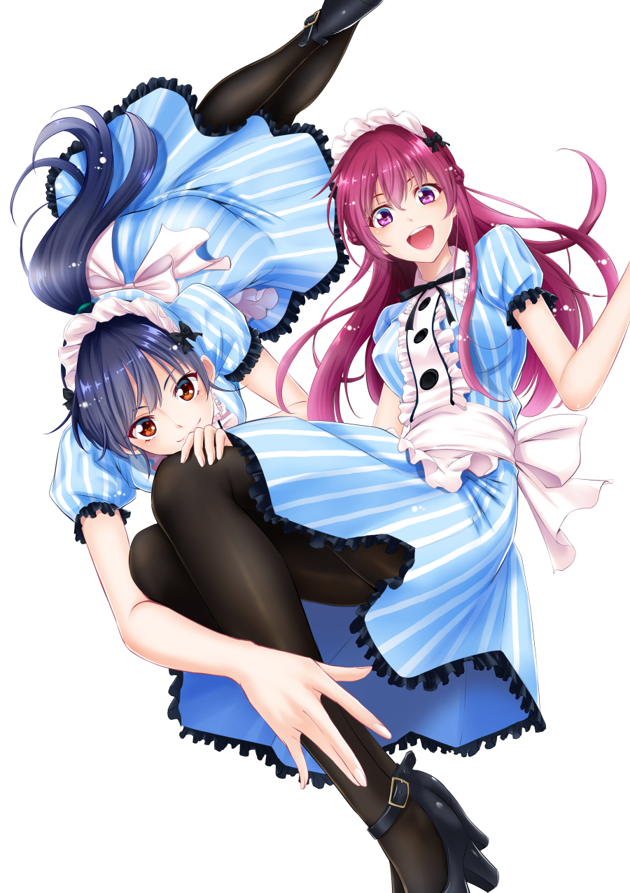 2girls :d apron bangs black_bow black_footwear black_legwear black_ribbon blue_hair blue_shirt blue_skirt bow brown_eyes closed_mouth floating_hair frilled_skirt frills hair_between_eyes hair_bow high_heels highres long_hair looking_at_viewer maid_headdress makusawa_ouka medium_skirt megami_no_kafeterasu multiple_girls neck_ribbon official_art pantyhose ponytail red_eyes redhead ribbon seo_kouji shiny shiny_hair shirt short_sleeves simple_background skirt smile straight_hair striped striped_shirt striped_skirt tsuruga_ami vertical-striped_shirt vertical-striped_skirt vertical_stripes waist_apron white_apron white_background