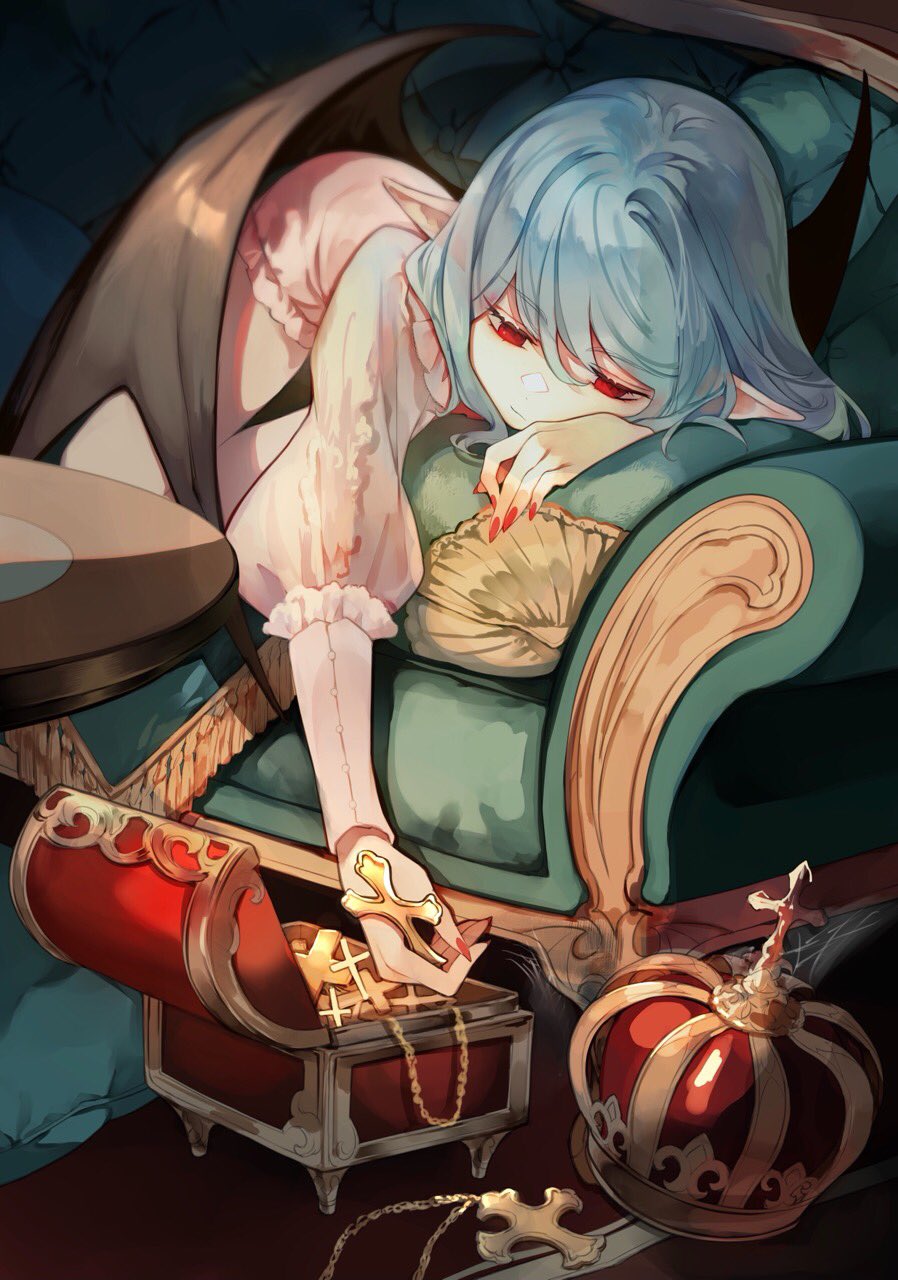 1girl bangs bat_wings black_wings blue_hair box casket closed_mouth coffee_table commentary couch cross crown cushion dress expressionless fingernails gold half-closed_eyes highres indoors jewelry long_fingernails lying on_stomach pink_dress pointy_ears red_eyes red_nails remilia_scarlet risui_(suzu_rks) sharp_fingernails short_sleeves solo swept_bangs tassel touhou wings
