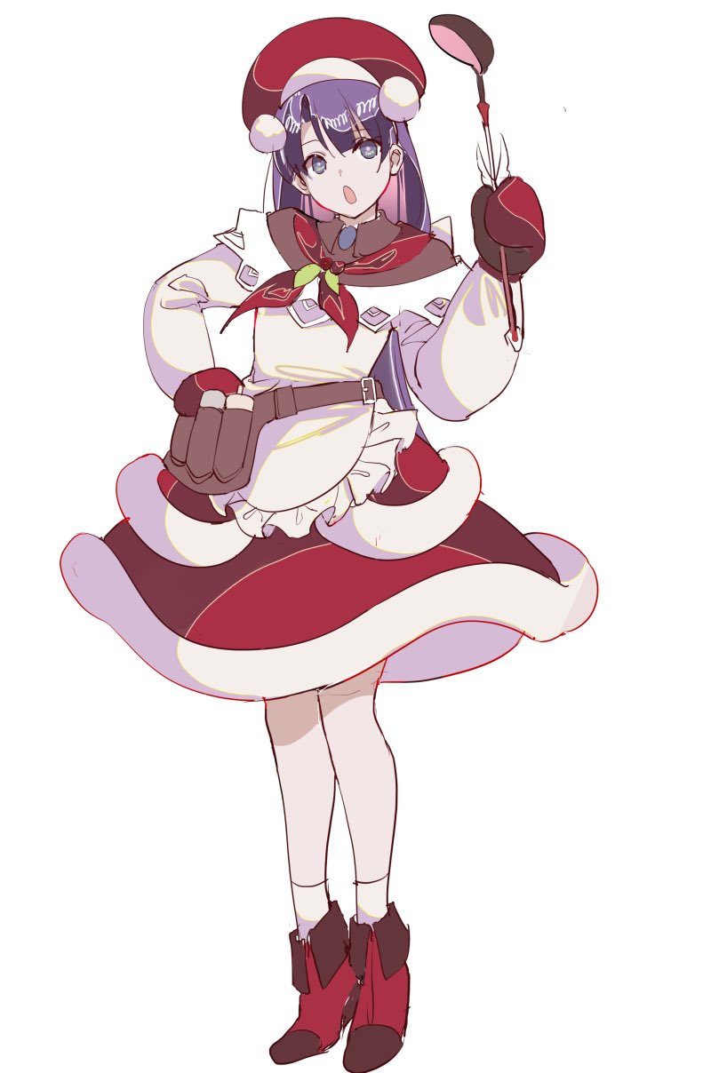 1girl bangs bare_legs belt christmas coat eyebrows_behind_hair eyebrows_visible_through_hair fate/grand_order fate_(series) grey_eyes hair_between_eyes highres kernel_killer long_hair looking_at_viewer martha_(fate) martha_(santa)_(fate) merry_christmas open_mouth purple_hair ribbon santa_costume skirt solo standing winter_clothes