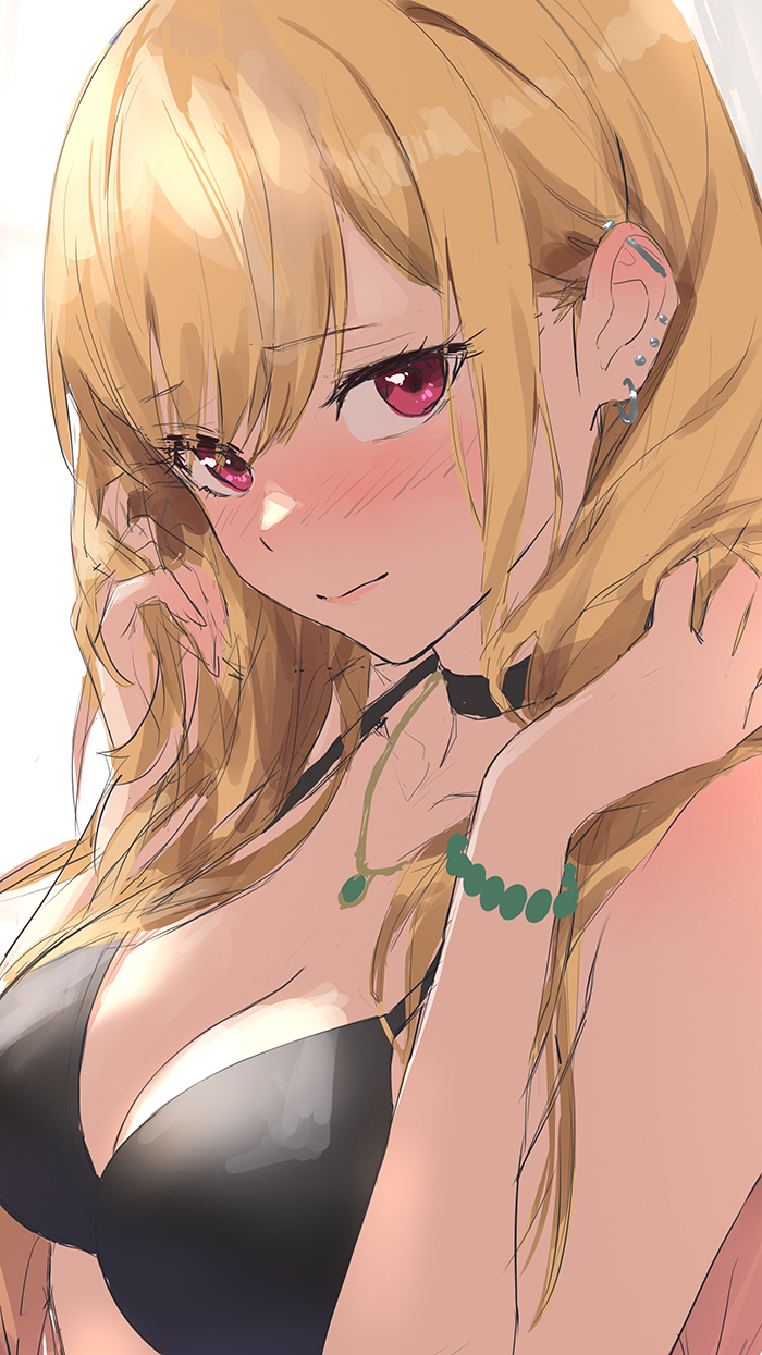 1girl bangs bead_bracelet beads bikini black_bikini black_choker blonde_hair blush bracelet breasts choker commentary_request ear_piercing eyebrows_visible_through_hair guchico hands_in_hair highres jewelry kitagawa_marin large_breasts light_smile long_hair looking_at_viewer necklace piercing red_eyes sketch solo sono_bisque_doll_wa_koi_wo_suru swimsuit upper_body