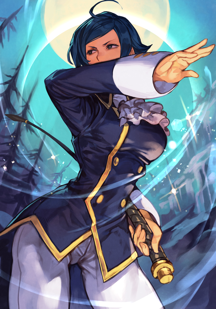 1girl ahoge ascot blue_coat blue_eyes blue_hair breasts buttons coat covered_mouth elisabeth_blanctorche full_moon hand_up hankuri holding holding_weapon long_sleeves looking_to_the_side moon night night_sky outdoors pants short_hair sky solo standing the_king_of_fighters the_king_of_fighters_xv tree weapon white_ascot white_pants